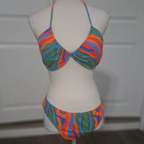Three Piece Multicolor Triangle Halter Bikini with Mesh Skirt XL Unbranded - Picture 6 of 13